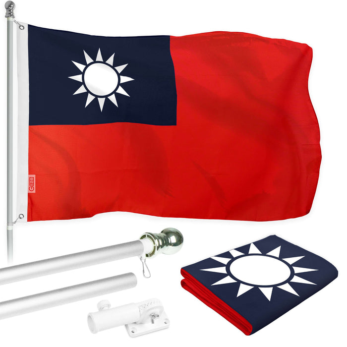 G128 Combo Pack: 5 Ft Twist Free Aluminum Spinning Flagpole (Silver) & Taiwan Taiwanese Flag | 2x3 Ft | LiteWeave Series Printed 100D Polyester | Pole with Flag Included