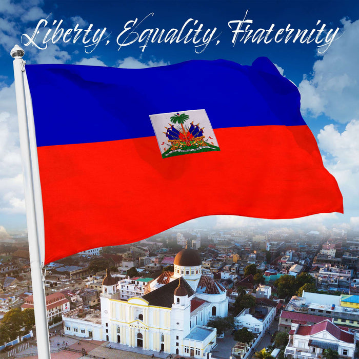 G128 Haiti Haitian Flag | 2x3 Ft | StormFlyer Series Embroidered 220GSM Spun Polyester | Country Flag, Embroidered Design, Indoor/Outdoor, Brass Grommets, Heavy Duty, All Weather