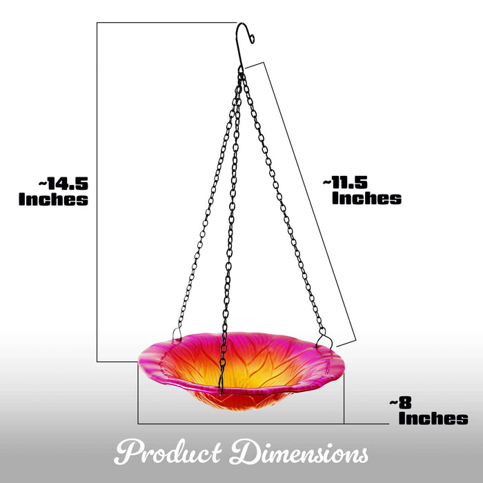 G128 Hanging Glass Bird Bath Outdoor Bird Feeder 8-inch for Garden Decoration Pink Flower Design