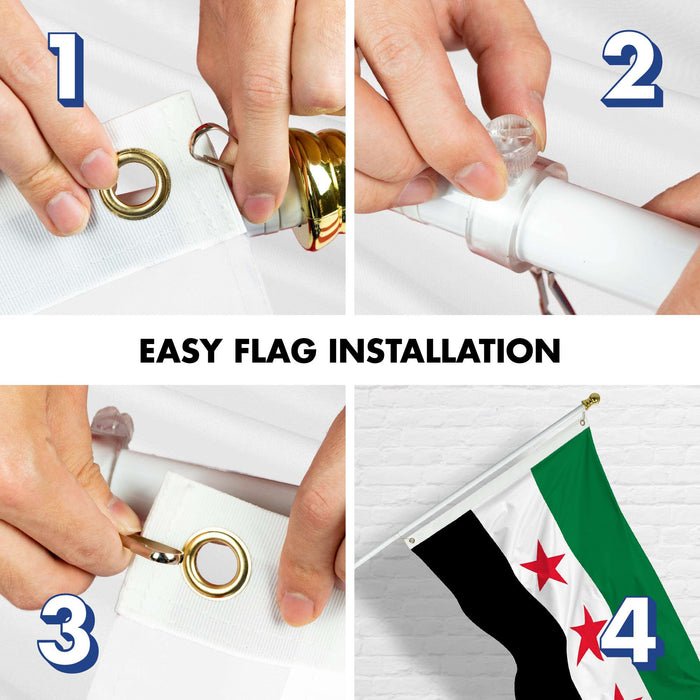 G128 Combo Pack: 6 Ft Tangle Free Aluminum Spinning Flagpole (White) & Republic of Syria Flag 3x5 Ft, LiteWeave Pro Series Printed 150D Polyester | Pole with Flag Included