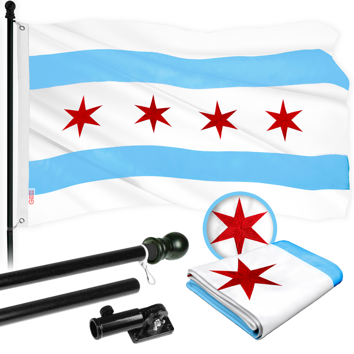 G128 Flag Pole 6 FT Black Tangle Free & Chicago Flag 3x5 FT Combo Embroidered 300D Polyester
