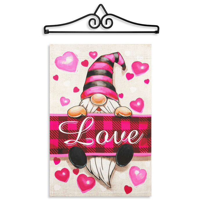 G128 Combo Pack Garden Flag Hanger 14IN & Garden Flag Happy Valentine's Day Love Gnome Printed 12x18IN Double Sided
