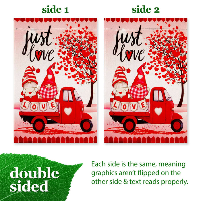 G128 Valentine's Day Just Love Gnome Truck Garden Flag 12x18 In Double Sided Yard Garden Lawn Decoration