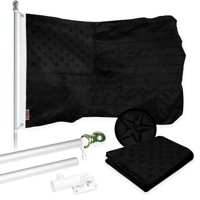 G128 Combo Pack: 5 Ft Tangle Free Aluminum Spinning Flagpole (Silver) & American USA All Black Flag 2x3 Ft, ToughWeave Series Embroidered 300D Polyester | Pole with Flag Included