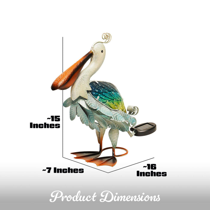 G128 Solar Metal Pelican Garden Statue | 17 Inch Coastal Ocean Bird Yard Art with Colorful Wings and Solar-Powered Light for Lawn, Patio, and Backyard