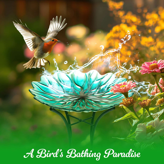 G128 19 Inch Height Glass Bird Baths with Metal Stand | Decorative Green BirdBaths Bowl Outdoor Garden Bird Feeder