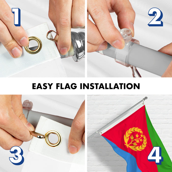Flag Pole 6FT Silver Tangle Free & Eritrea Eritrean Flag 3x5 Ft Combo Printed 150D Polyester By G128