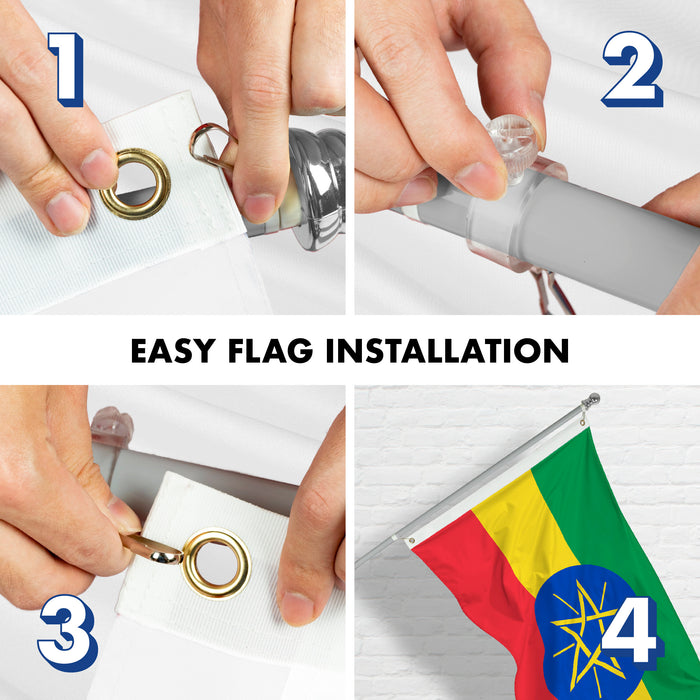 Flag Pole 6FT Silver Tangle Free & Ethiopia Ethiopian Flag 3x5 Ft Combo Printed 150D Polyester By G128