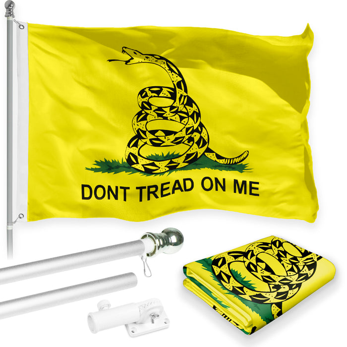 G128 Combo Pack: 6 Ft Tangle Free Aluminum Spinning Flagpole (Silver) & Gadsden Don't Tread On Me Flag 3x5 Ft, LiteWeave Pro Printed 150D Polyester | Pole with Flag Included