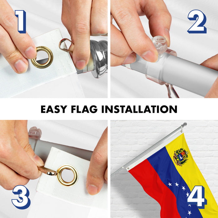 G128 Combo Pack: 6 Ft Tangle Free Aluminum Spinning Flagpole (Silver) & Venezuela 7 Stars Venezuelan Flag 3x5 Ft, ToughWeave Series Double Sided Embroidered 210D Polyester | Pole with Flag Included