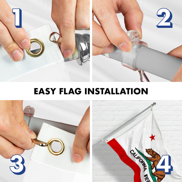 G128 - 6 Feet Tangle Free Spinning Flagpole (Silver) California Double Sided Brass Grommets Embroidered 3x5 ft (Flag Included) Aluminum Flag Pole