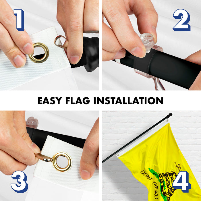 G128 - 6 Feet Tangle Free Spinning Flagpole (Black) Gadsden Double Sided Brass Grommets Embroidered 3x5 ft (Flag Included) Aluminum Flag Pole