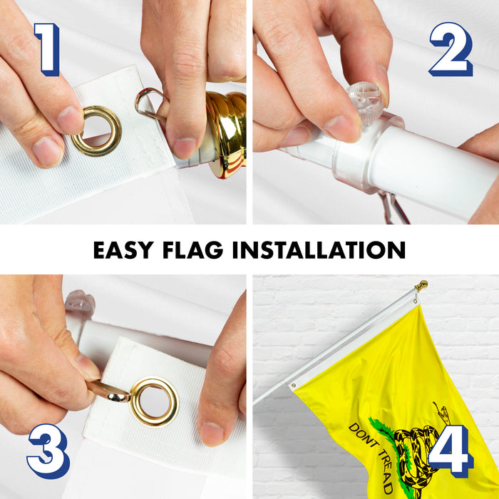 G128 - 6 Feet Tangle Free Spinning Flagpole (White) Gadsden Double Sided Brass Grommets Embroidered 3x5 ft (Flag Included) Aluminum Flag Pole