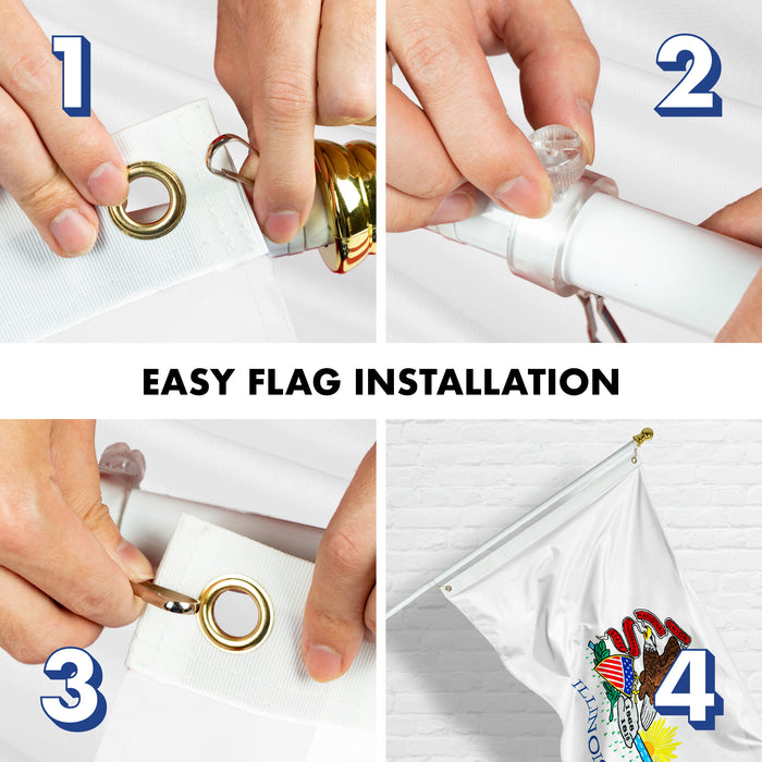 G128 - 6 Feet Tangle Free Spinning Flagpole (White) Illinois Double Sided Brass Grommets Embroidered 3x5 ft (Flag Included) Aluminum Flag Pole