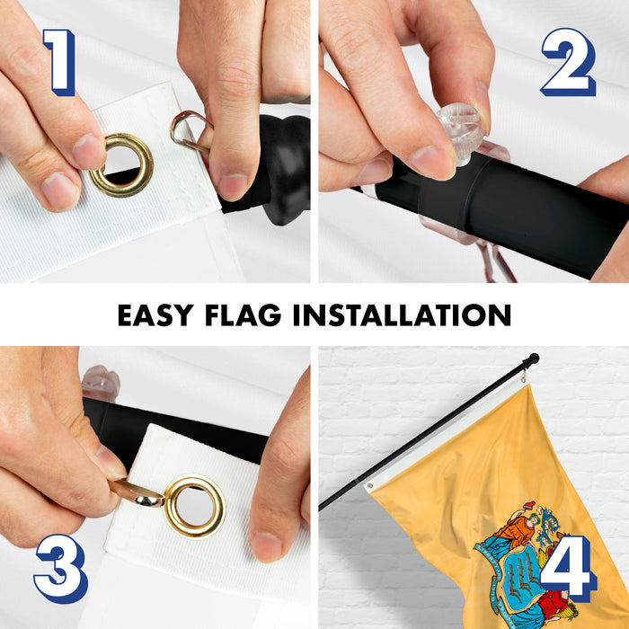 G128 - 6 Feet Tangle Free Spinning Flagpole (Black) New Jersey Double Sided Brass Grommets Embroidered 3x5 ft (Flag Included) Aluminum Flag Pole