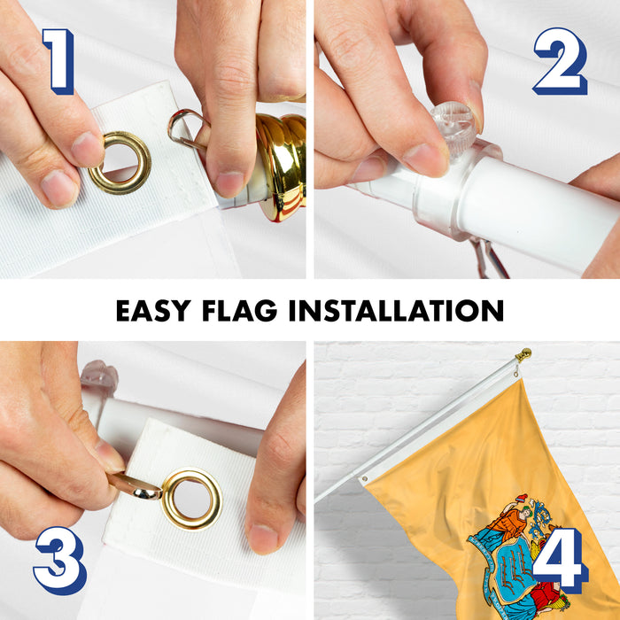 G128 - 6 Feet Tangle Free Spinning Flagpole (White) New Jersey Double Sided Brass Grommets Embroidered 3x5 ft (Flag Included) Aluminum Flag Pole