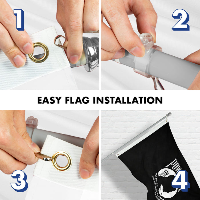 G128 - 6 Feet Tangle Free Spinning Flagpole (Silver) POW Double Sided Brass Grommets Embroidered 3x5 ft (Flag Included) Aluminum Flag Pole