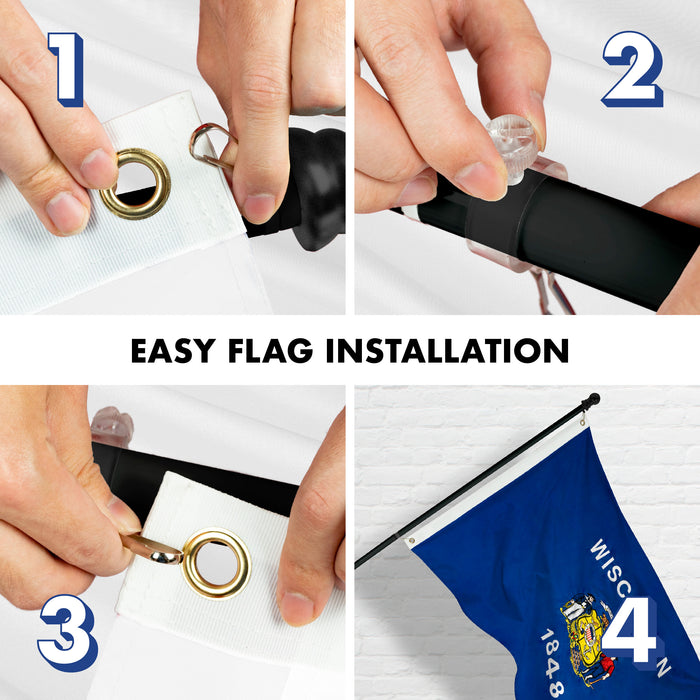 G128 - 6 Feet Tangle Free Spinning Flagpole (Black) Wisconsin Double Sided Brass Grommets Embroidered 3x5 ft (Flag Included) Aluminum Flag Pole