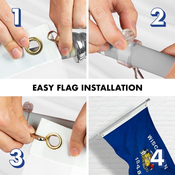 G128 - 6 Feet Tangle Free Spinning Flagpole (Silver) Wisconsin Double Sided Brass Grommets Embroidered 3x5 ft (Flag Included) Aluminum Flag Pole