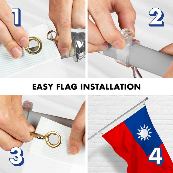 G128 Combo Pack: 6 Ft Twist Free Aluminum Spinning Flagpole (Silver) & Taiwan Taiwanese Flag | 3x5 Ft | LiteWeave Series Printed 100D Polyester | Pole with Flag Included
