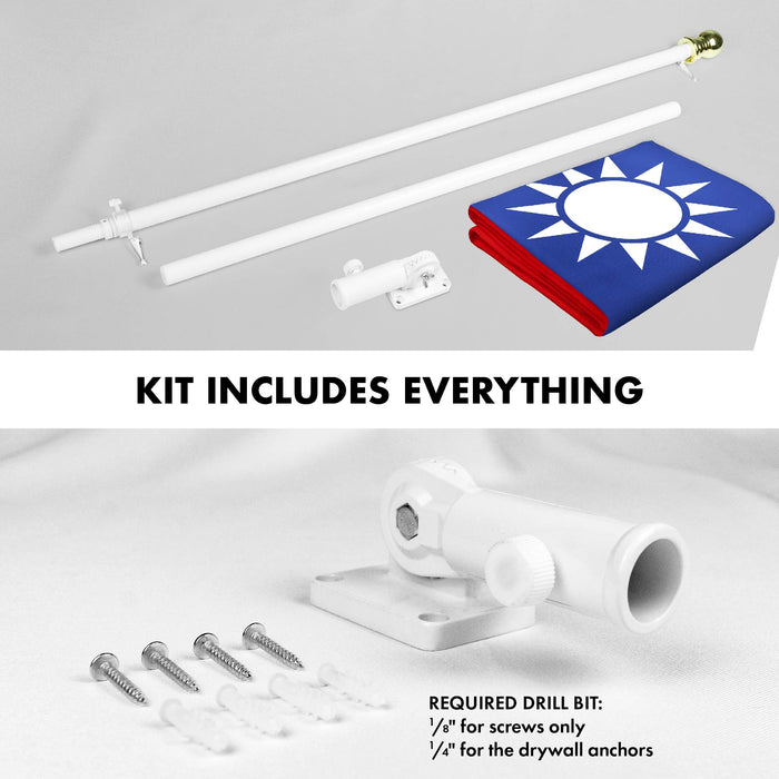 G128 Combo Pack: 5 Ft Twist Free Aluminum Spinning Flagpole (White) & Taiwan Taiwanese Flag | 2x3 Ft | LiteWeave Series Printed 100D Polyester | Pole with Flag Included