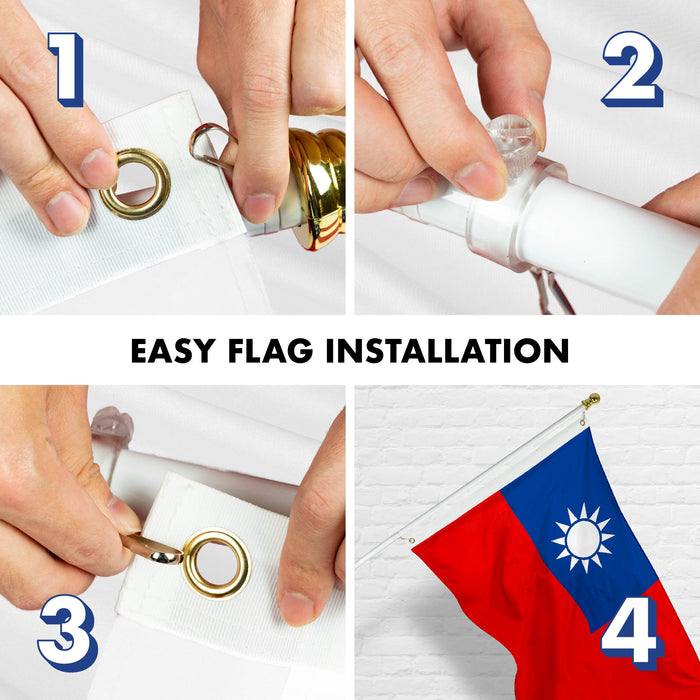 G128 Combo Pack: 5 Ft Twist Free Aluminum Spinning Flagpole (White) & Taiwan Taiwanese Flag | 2x3 Ft | LiteWeave Series Printed 100D Polyester | Pole with Flag Included