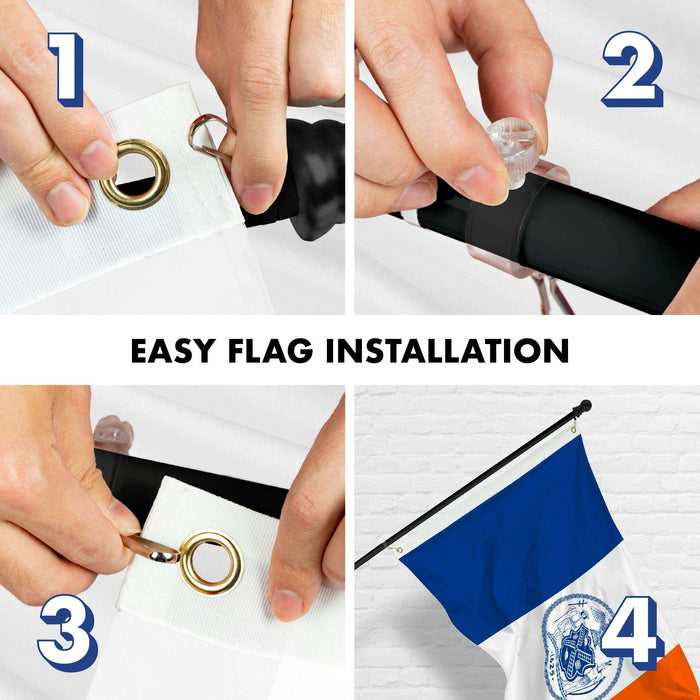 G128 Combo Pack: 6 Ft Twist Free Aluminum Spinning Flagpole (Black) & New York Flag | 3x5 Ft | LiteWeave Pro Series Printed 150D Polyester | Pole with Flag Included