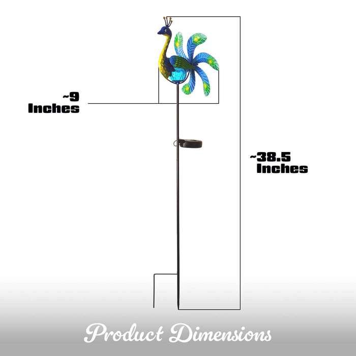 G128 Solar Peacock Metal Yard Wind Spinner Stake | Outdoor 38 inch Peacock Statue with LED Lights Decorations Swivel Wind Spinner for Patio Garden Backyard