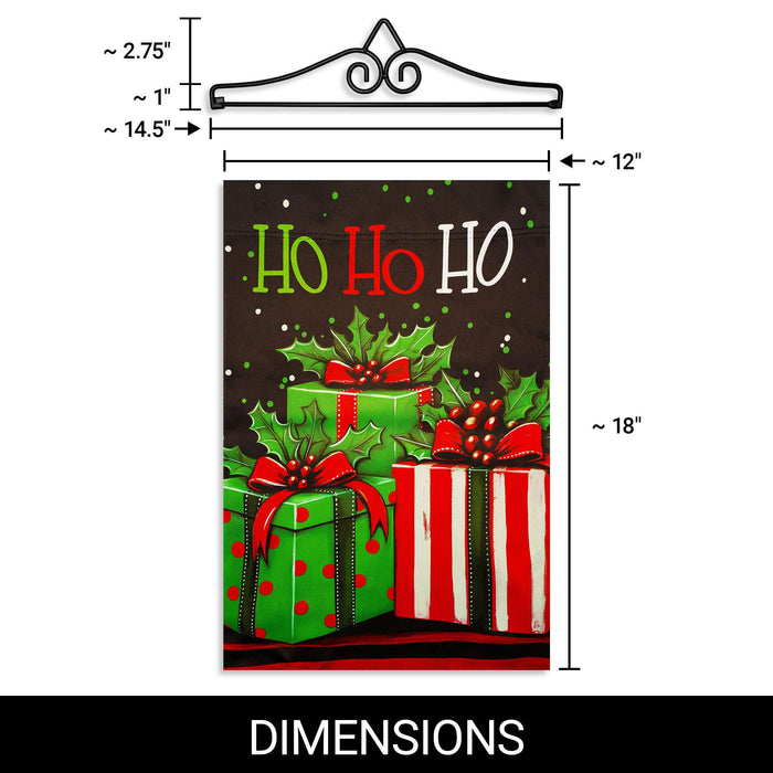 G128 12x18IN Ho Ho Ho Christmas Gift Box Garden Flag with 14IN Hanger