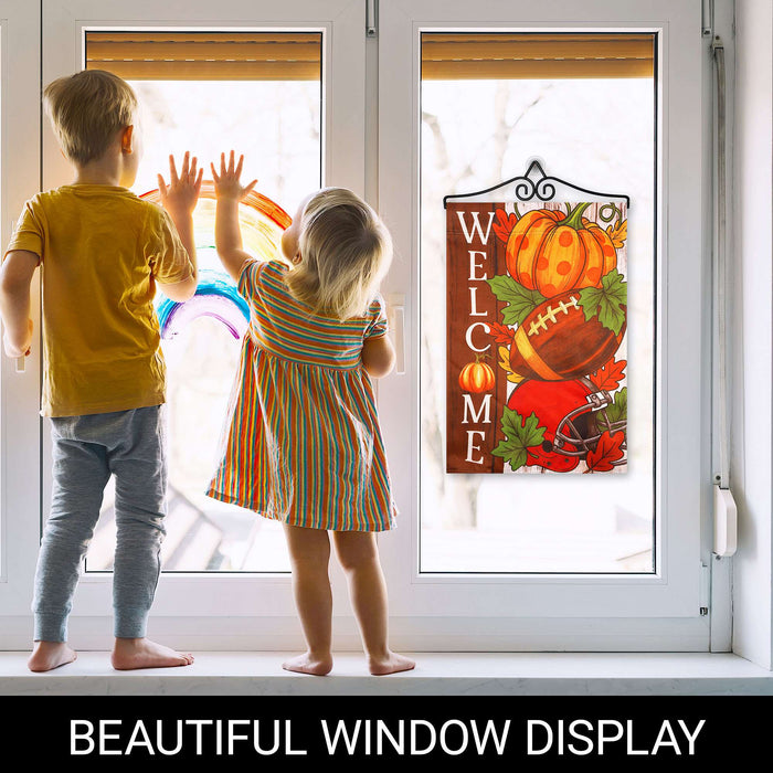 G128 12x18IN Welcome Fall Football Pumpkin Garden Flag with 14IN Hanger