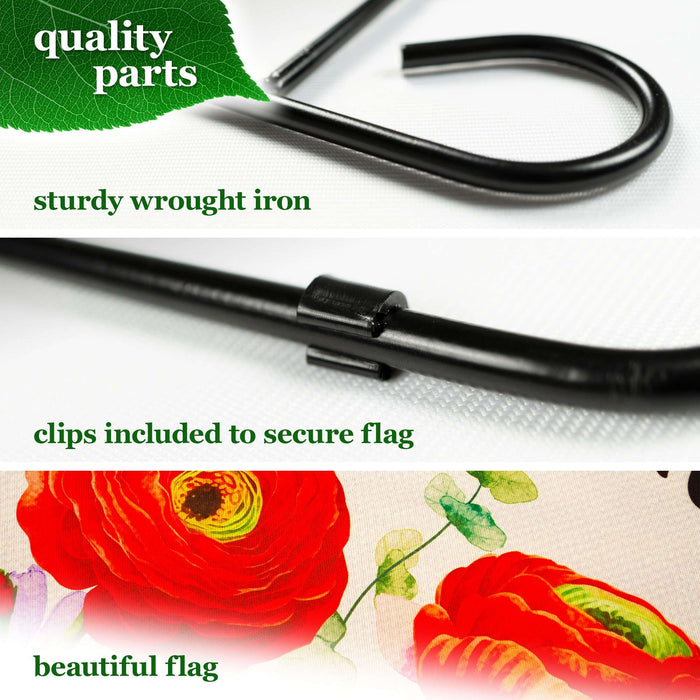 G128 Combo Pack Garden Flag Stand Black 36x16IN & Garden Flag Spring Welcome Red Orange Flowers Printed 12x18IN Double Sided Yard Garden Lawn Decoration