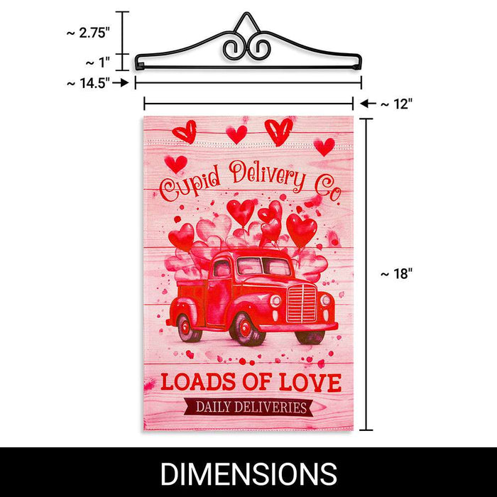 G128 Combo Pack Garden Flag Hanger 14IN & Garden Flag Valentine's Day Cupid Delivery Truck Printed 12x18IN Double Sided Yard Garden Lawn Decoration