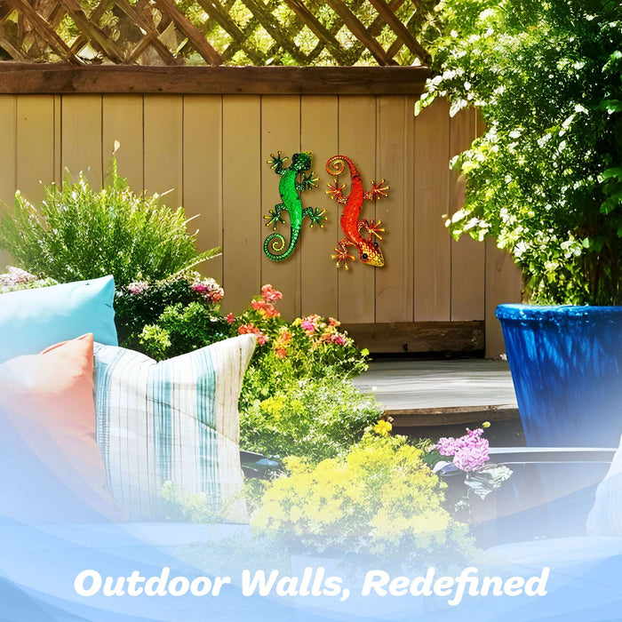 G128 Lizard Gecko Metal Wall Art Set | Green Orange Gecko Lizard Metal Indoor Outdoor Wall Art Hanging Decor for Bedroom, Living Room, Garden, Patio