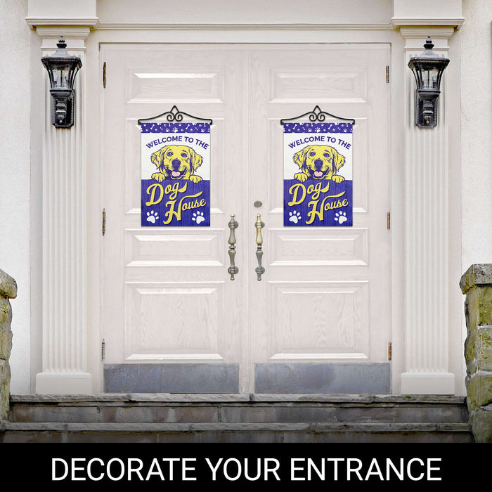 G128 Combo Pack Garden Flag Hanger 14IN & Garden Flag Welcome to the Dog House Yellow Labrador Printed 12x18IN Double Sided Yard Lawn Decoration