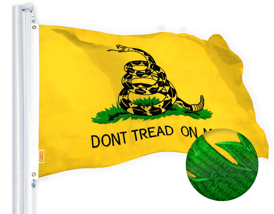 G128 Dont Tread on Me (Gadsden) Flag | 2x3 feet | Heavy Duty Spun Polyester 220GSM Embroidered, Tough, Durable, Indoor/Outdoor, Vibrant Colors, Brass Grommets