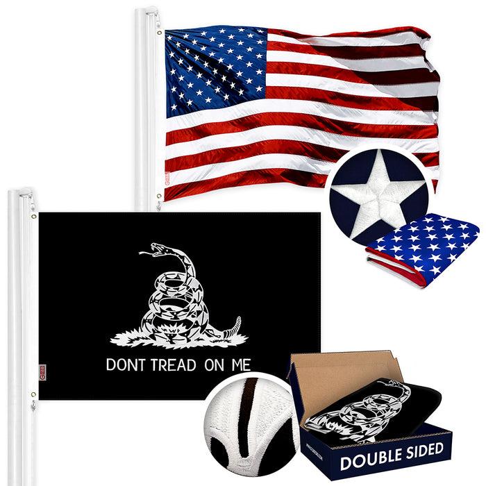G128 Combo Pack: USA American Flag & Dont Tread on Me Gadsden (Black & White) Flag | 3x5 feet | Double Sided Embroidered 210D – Indoor/Outdoor, Vibrant Colors, Brass Grommets
