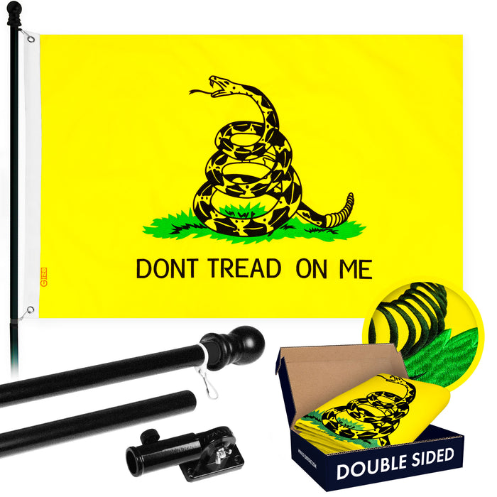 G128 - 5 Feet Tangle Free Spinning Flagpole (Black) Gadsden Flag Double Sided Brass Grommets Embroidered 2x3 ft (Flag Included) Aluminum Flag Pole