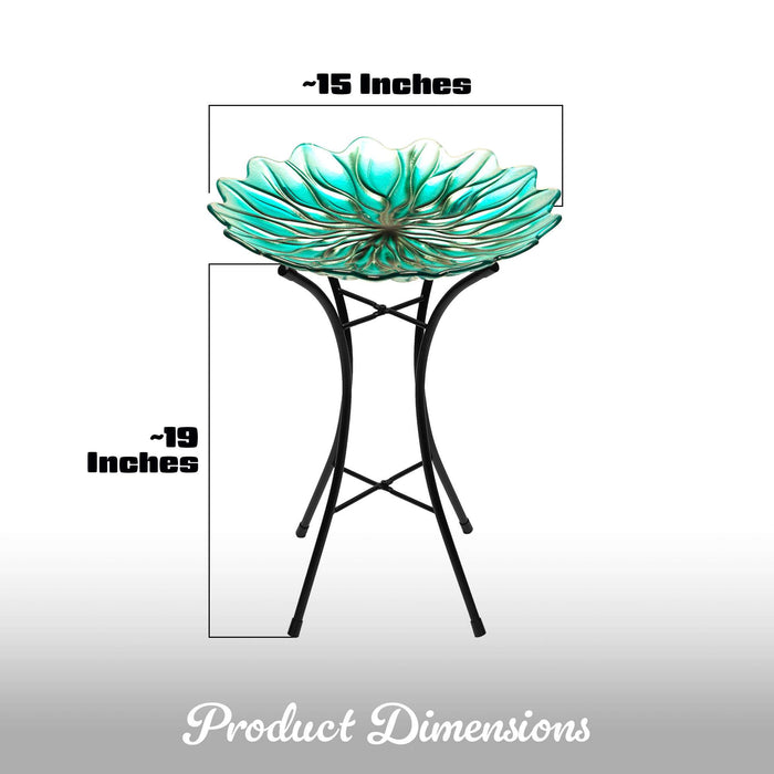 G128 19 Inch Height Glass Bird Baths with Metal Stand | Decorative Green BirdBaths Bowl Outdoor Garden Bird Feeder