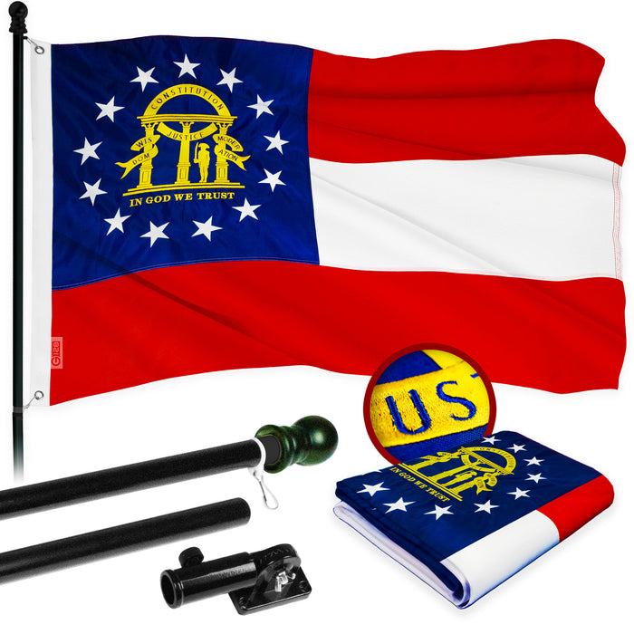 G128 Combo Pack: 5 Ft Tangle Free Aluminum Spinning Flagpole (Black) & Georgia GA  2.5x4 Ft, ToughWeave Series Embroidered 300D Polyester | Pole with Flag Included
