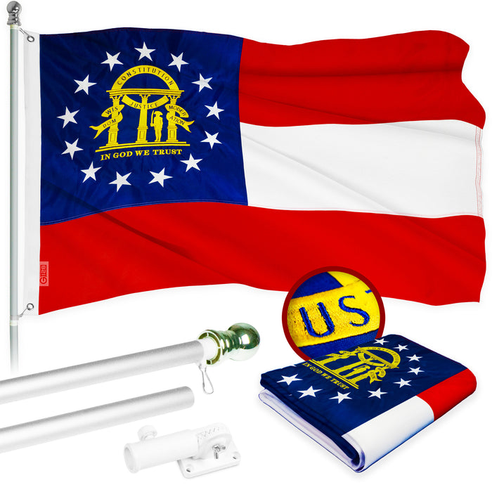 G128 Combo Pack: 5 Ft Tangle Free Aluminum Spinning Flagpole (Silver) & Georgia GA State Flag 2x3 Ft, ToughWeave Series Embroidered 300D Polyester | Pole with Flag Included