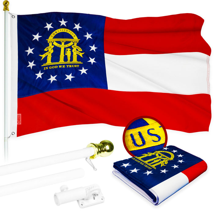 G128 Combo Pack: 5 Ft Tangle Free Aluminum Spinning Flagpole (White) & Georgia GA  2x3 Ft, ToughWeave Series Embroidered 300D Polyester | Pole with Flag Included
