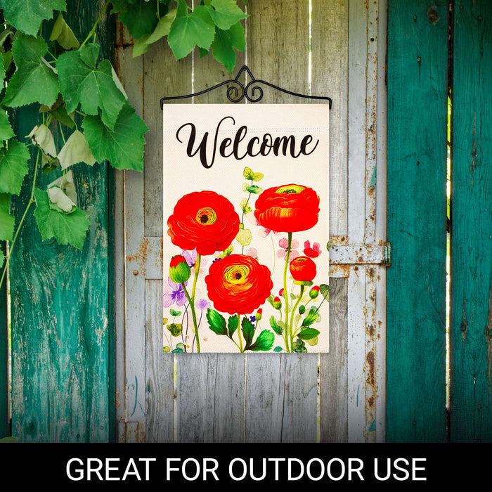 G128 Combo Pack Garden Flag Hanger 14IN & Garden Flag Spring Welcome Red Orange Flowers Printed 12x18IN Double Sided Yard Garden Lawn Decoration