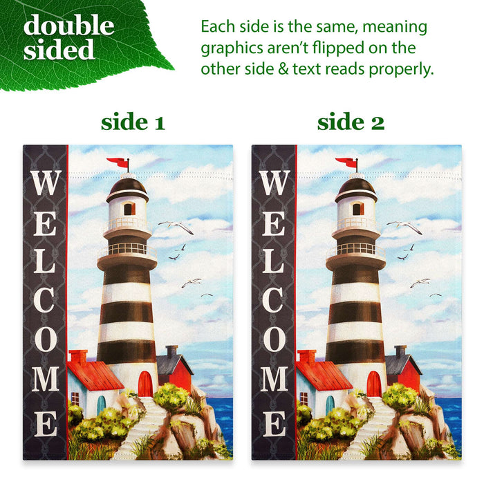 G128 Combo Pack: Garden Flag Stand 36x16IN & Garden Flag Welcome Lighthouse Beach Printed 12x18IN Double Sided