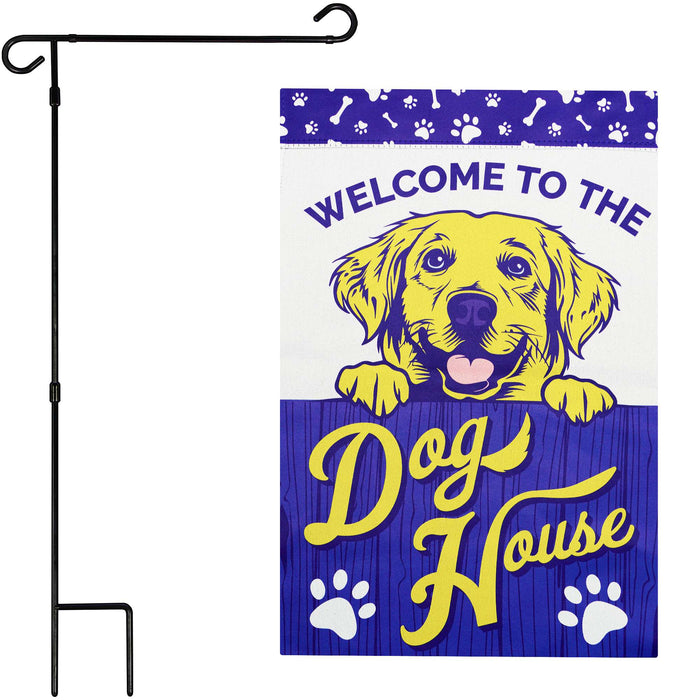 G128 Combo Pack: Garden Flag Stand Black 36x16IN & Garden Flag Welcome to the Dog House Yellow Labrador Printed 12x18IN Double Sided Yard Lawn Decoration