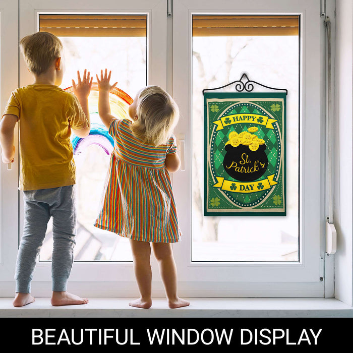 G128 Combo Pack Garden Flag Hanger 14IN & Garden Flag Happy St. Patrick's Day Pot Gold Printed 12x18IN Double Sided