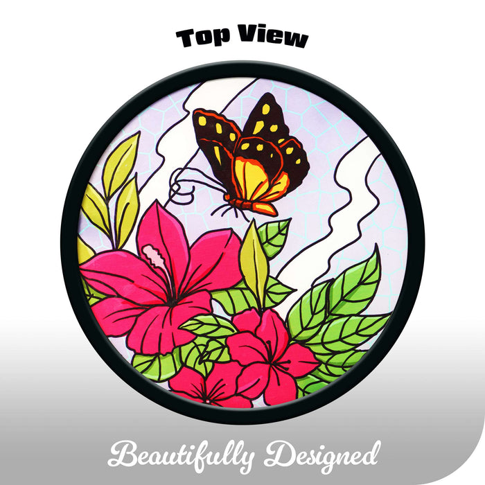 G128 14 in Round Glass Outdoor Side Table Butterfly Floral Pattern | Decorative Plant Stand, Small End Table for Garden Patio Porch Living Room