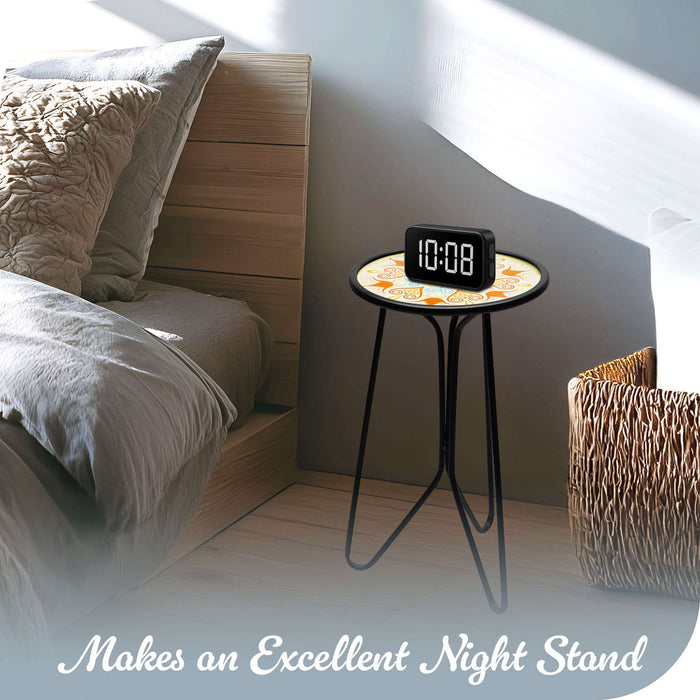 G128 12 in Round Glass Outdoor Side Table Orange Mandala Pattern | Decorative Plant Stand, Small End Table for Garden Patio Porch Living Room