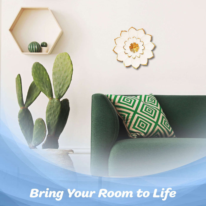 G128 9 IN White and Gold Metal Flower Wall Art | Elegant Floral Wall Hanging Decor for Indoor Living Room Bedroom Office Outdoor Garden Patio Yard
