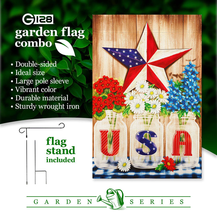 G128 Combo Pack: Garden Flag Stand 36x16IN & Garden Flag USA Star Flowers Printed 12x18IN Double Sided