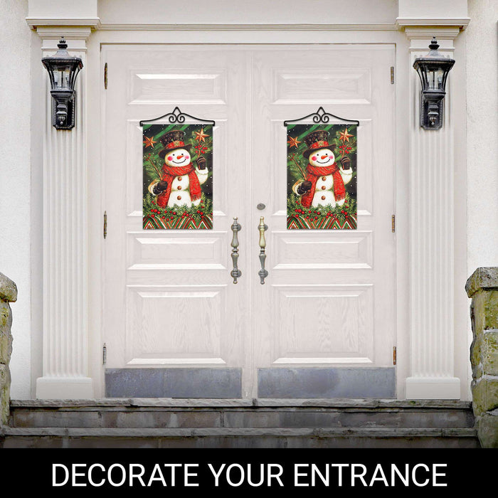 G128 12x18IN Christmas Red Scarf Snowman Holly Garden Flag with 14IN Hanger